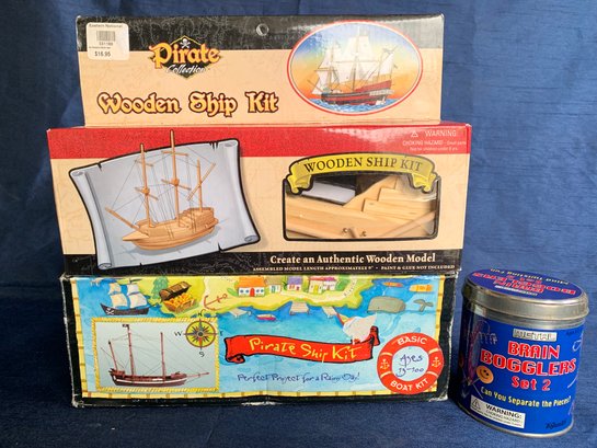 Two Wooden Ship Kits And Brain Bogglers In Tin - Kits Are New