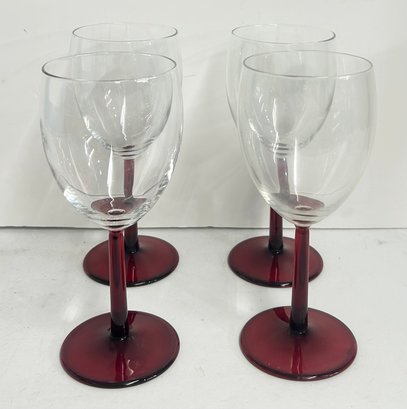 Set Of 4 Cranberry Glass Stem Wine Glasses