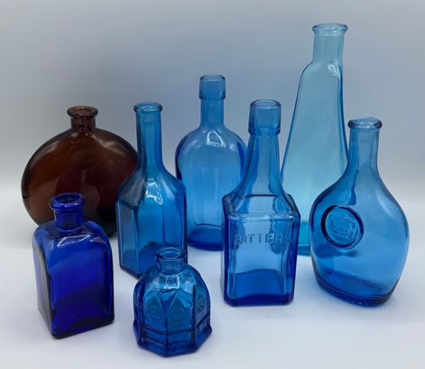 Collectible Bottles ~ 7 Blue & 1 Brown ~