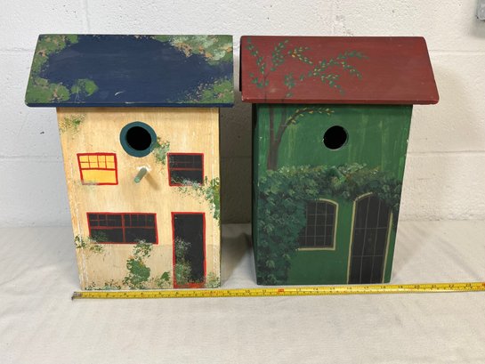Pair Of Oversized Hand Painted Decorative Wooden Bird Houses - 20' Tall!