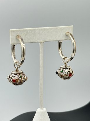Modernistic Sterling Silver Unique Hoop & Ball Gemstone Earrings