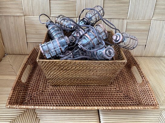Outdoor Entertaining - 2 Strands Of Lights, Woven Tray And Basket