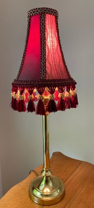 Brass Candlestick Table Lamp With Red Lace And Tassel Shade 27'