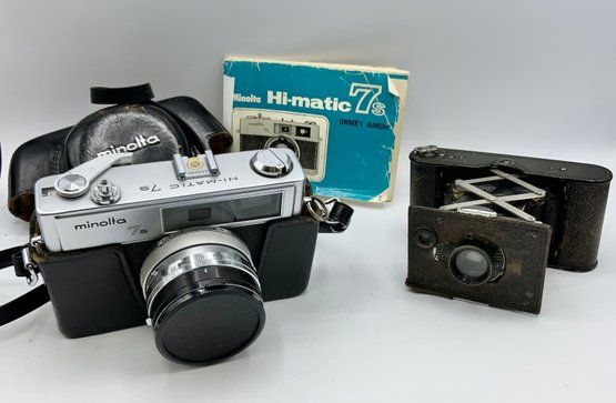 Minolta 7S Camera With Case & Manual & Antique Eastman Kodak Autographic 25 BT 50 Camera
