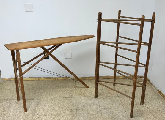 Antique Wood Trifold Drying Rack & Wood Ironing Board