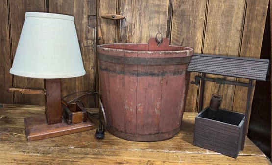 Antique Primitive Sap Bucket And Wishing Well Lot
