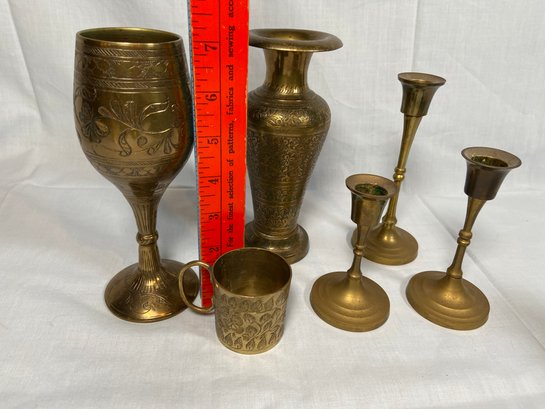 Brass Collection From India: Etched Wine Goblet, Vase Cup And 3 Candlestick Holders