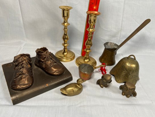 Brass Animal Figurines Owls Duck, Etched Temple Bell, Turkish Coffee Pot, Baby Shoes, Candlestick Holders
