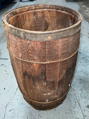 Old Antique Primitive Brass Collared Wood Barrel