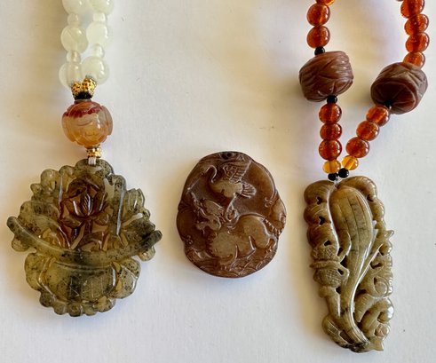 2 Carved Jade Necklaces & Jade Pendant
