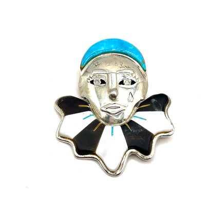 Vintage 1980s Large Sterling Silver Onyx, Turquoise, Mother Of Pearl Harlequin Clown Brooch