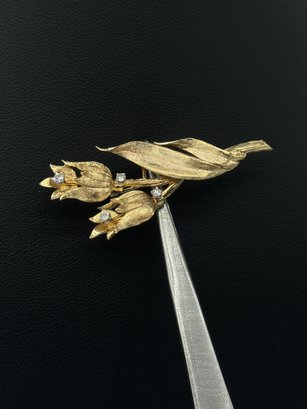 Stunning Diamond & 14k Yellow Gold Floral Pin/ Brooch Signed Asta-Tittman Jewelry