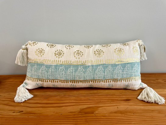 Anthropology Gilt Stenciled Pale Aqua Lumbar Throw Pillow, New With Tags