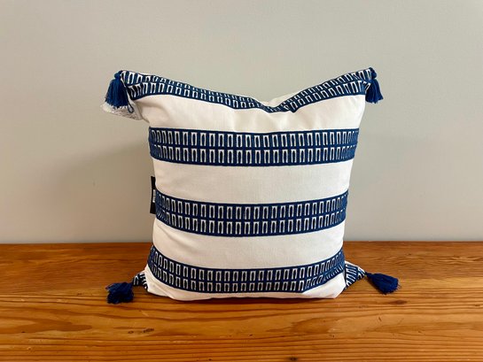 Navy Decorated White Throw Pillow, New