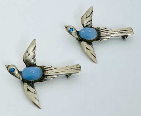 2 VINTAGE STERLING SILVER BLUE JELLY BELLY BIRD BROOCHES