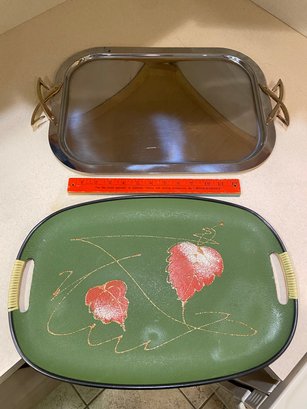 2 Serving Trays: Stainless Steel With Brass Handles 18x13,  Green Laquerware Fall Foliage Leaves  18x12