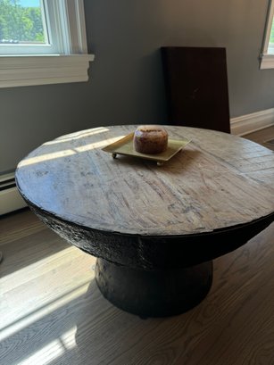 Rustic Hourglass / Mushroom Shape Metal Encrusted Slab Wood Cocktail Table