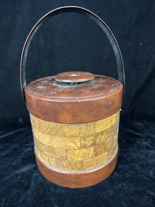 Vintage Mid Century Ice Bucket Faux Leather Wood Grain
