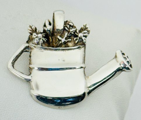 PRETTY SOLID STERLING SILVER WATERING CAN WITH FLOWERS BROOCH