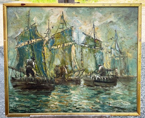 Mid Century Impressionist Oil On Board Seascape Painting