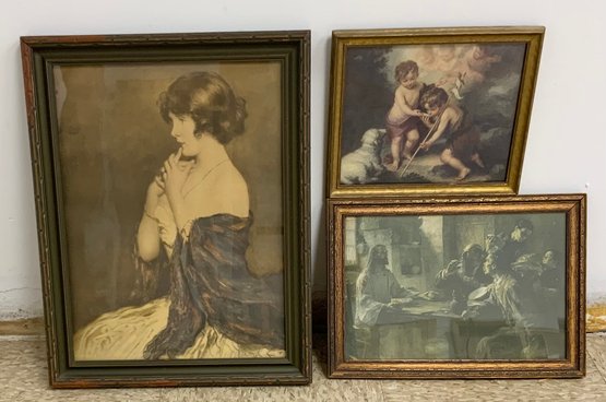 3 Antique Framed Prints ~ Puzzled By Gabriel Nicolet, Supper At Emmaus By Leon Augustin Lhermitte & More