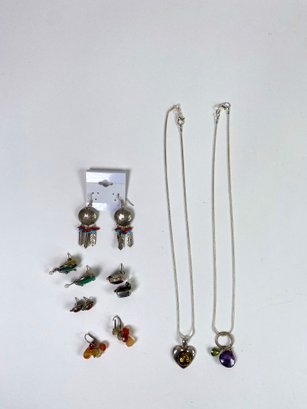 Glass Bead Natural Stone And Sterling Necklace And Earrings Group