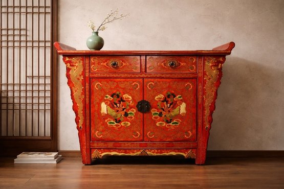 Monumental Chinese Export Red Lacquer Cabinet With Dragon Motifs  And Figural Panels Retails $3200.