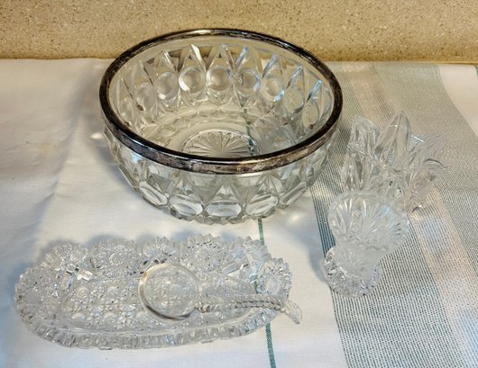 Lot Of Clear Glass Serving Pieces, Candle Holders