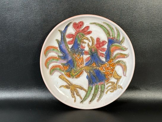 A Studio Pottery Plate Featuring A Pair Of Roosters, Made In Portugal