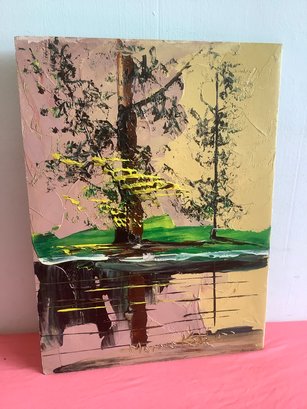 Tree By The Water Painting On Board- With Color