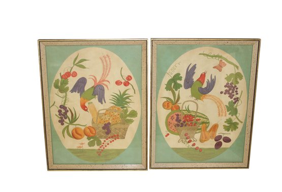 Beautiful Vintage Pairing Of Chromolithographs, Bird Of Paradise And Fruit