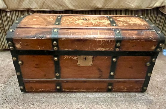 Vintage Wood Trunk With Metal Strapping And Hinged Lid