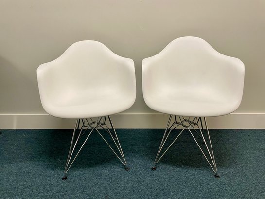 Pair Of Eames Inspired White Molded Armchairs With Chrome Legs, (2 Of 2)