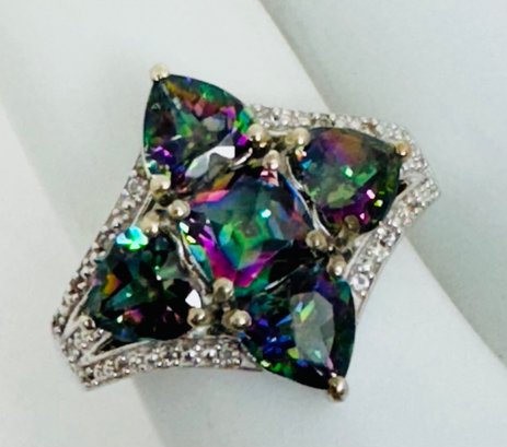 BEAUTIFUL STERLING SILVER MYSTIC TOPAZ AND WHITE STONE RING