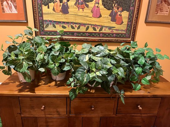 4 Piece Lot Of Faux Potted Plants - Ceramic, Terra Cotta Planters Included