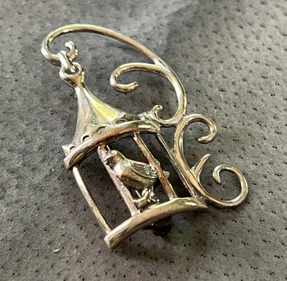 Vintage Sterling SIlver Bird In A Cage Brooch / Pin