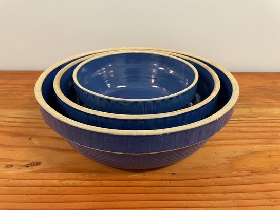 Set Of Three Blue Glazed Stoneware Bowls
