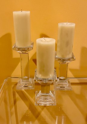 Trio Of Crystal Candlesticks - Varied Heights, Unmarked With Vanilla Scented Candles