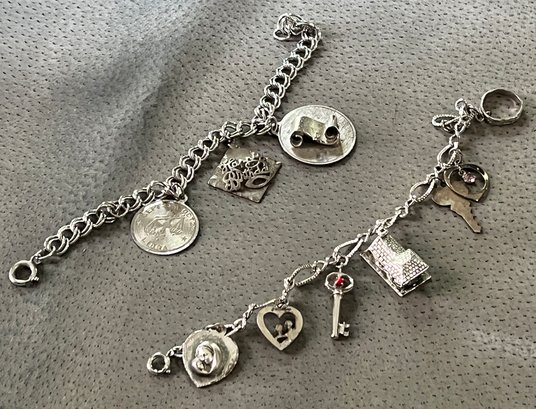 2 Sterling Silver Charm Bracelets With Many Charms