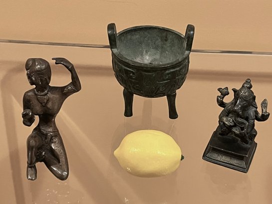 3 Piece Bronze And Brass Figurines &  Decor From India - Figurine, Food Vessel, Brass Ganesha Idol