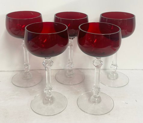 Lot Of 5 Cranberry Glass Cordial Glasses