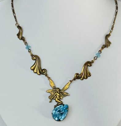VINTAGE SIGNED SADIE GREEN FAIRY AND BLUE RHINESTONE NECKLACE