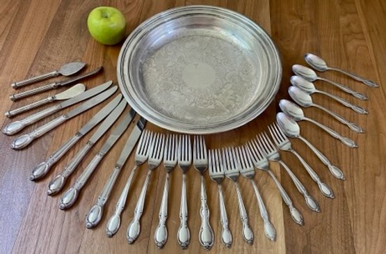 Antique Silverplate Servware Lot - Footed Bowl, Cheese Knives And Cutlery - Featuring Wm Rogers And Crescent