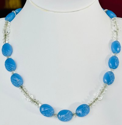 GORGEOUS VINTAGE MOLDED BLUE GLASS AND CRYSTAL BEADS CHOKER NECKLACE