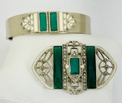 VINTAGE ART DECO STYLE GREEN GLASS MARCASITE AND ENAMEL BROOCH AND CLAMPER BRACELET