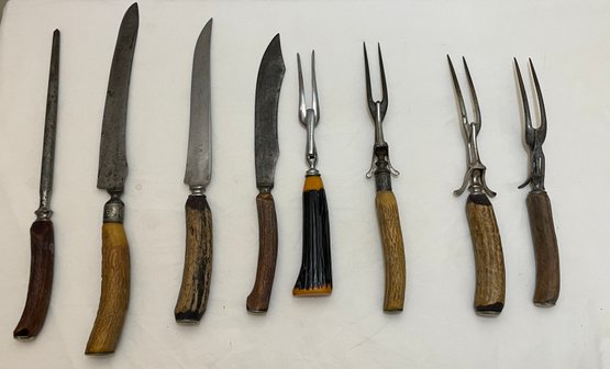 Lot Of Vintage Stag Horn Carving Knives & Forks