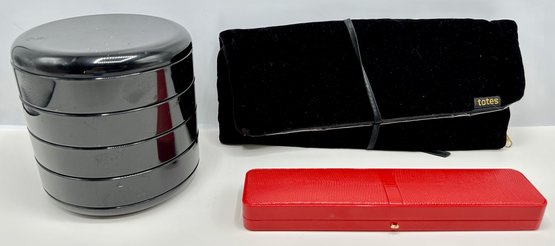 Jewelry Boxes:  Velvet Travel Case, Faux Alligator Necklace Box & Rotating Plastic Box