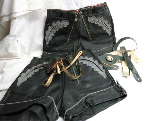 Vintage 2 Pairs Of Swiss German Leather Lederhosen With Suspenders