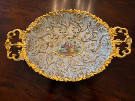 Antique Meissen Embossed  And Hand Decorated Two Handle Serving Dish .