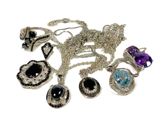 Lot 5 Fine Gemstone Sterling Silver Chains Necklaces And Gemstone Sterling Silver Ring